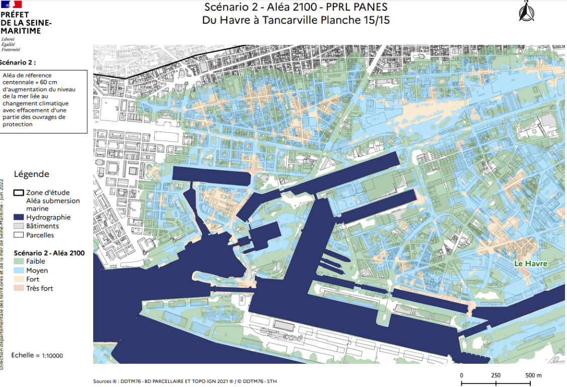 Extrait du PPRL du Havre : carte des zones d’aléa pour un événement de référence centennale et un scénario d’élévation du niveau marin de + 60 cm